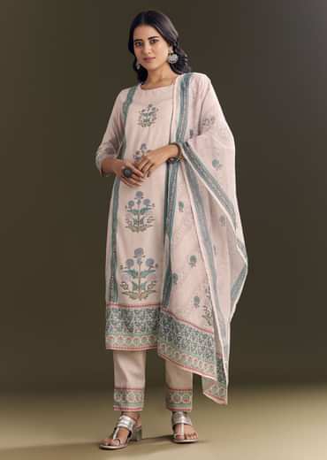 Cream Cotton Block Print Kurta Pant With Dupatta
