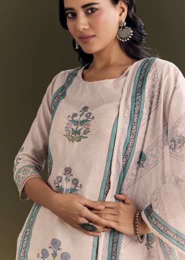 Cream Cotton Block Print Kurta Pant With Dupatta