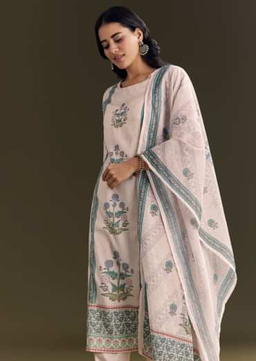 Cream Cotton Block Print Kurta Pant With Dupatta