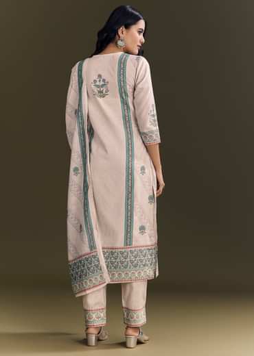 Cream Cotton Block Print Kurta Pant With Dupatta