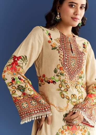 Cream Cotton Muslin Printed Asymmetrical Kurta Dhoti