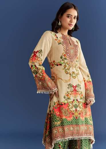 Cream Cotton Muslin Printed Asymmetrical Kurta Dhoti