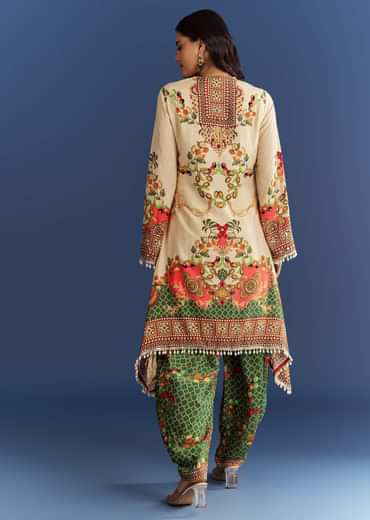 Cream Cotton Muslin Printed Asymmetrical Kurta Dhoti