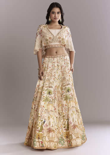 Cream Crepe Crop Top And Printed Skirt Set With Beads Embroidery