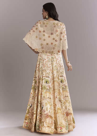 Cream Crepe Crop Top And Printed Skirt Set With Beads Embroidery