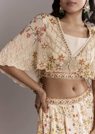 Cream Crepe Crop Top And Printed Skirt Set With Beads Embroidery