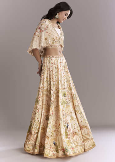 Cream Crepe Crop Top And Printed Skirt Set With Beads Embroidery