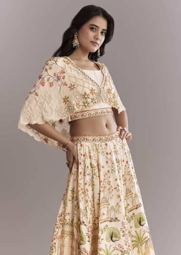 Cream Crepe Crop Top And Printed Skirt Set With Beads Embroidery