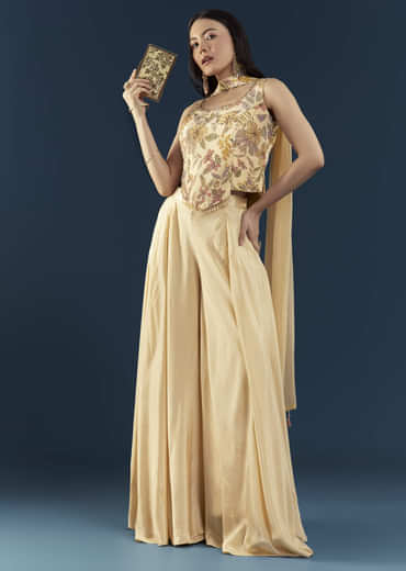 Cream Crepe Crop Top Palazzo Set with Floral Print