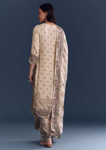 Cream Crepe Kurta Set With Indie Print And Floral Print Dupatta