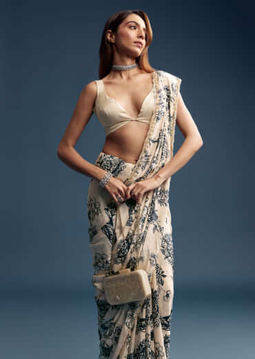 Cream Crepe Saree With Black Floral Print And Embroidery