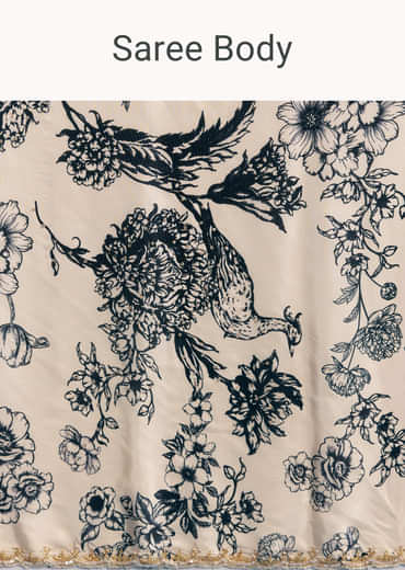 Cream Crepe Saree With Black Floral Print And Embroidery