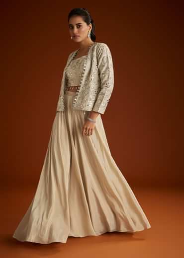 Cream Croptop Patch And Sequin Croptop Jacket Set