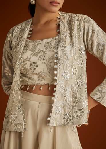 Cream Croptop Patch And Sequin Croptop Jacket Set