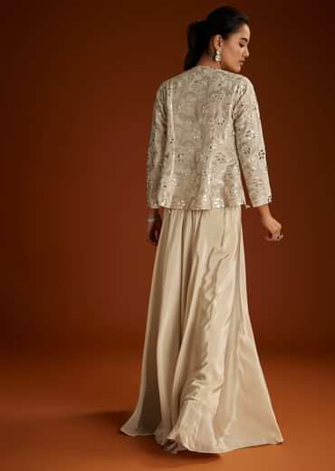 Cream Croptop Patch And Sequin Croptop Jacket Set