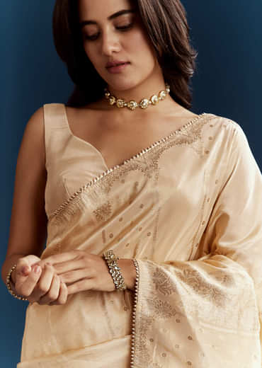 Cream Dola Silk Brocade Saree With Gota Patti Work