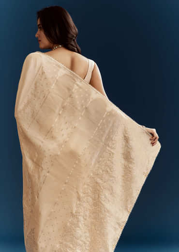 Cream Dola Silk Brocade Saree With Gota Patti Work