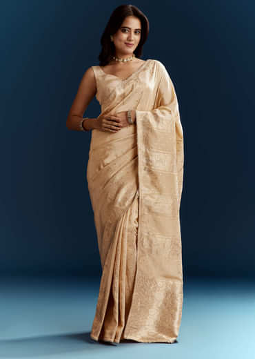 Cream Dola Silk Brocade Saree With Gota Patti Work