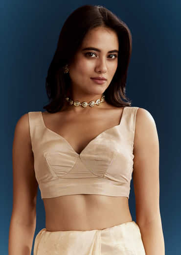 Cream Dola Silk Brocade Saree With Gota Patti Work