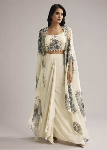 Cream Floral Cape Set With Crop Top And Skirt