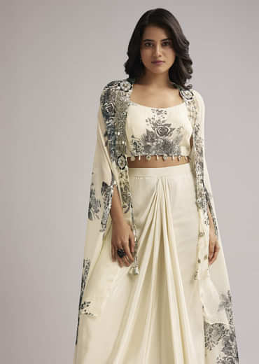 Cream Floral Cape Set With Crop Top And Skirt