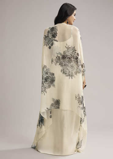 Cream Floral Cape Set With Crop Top And Skirt