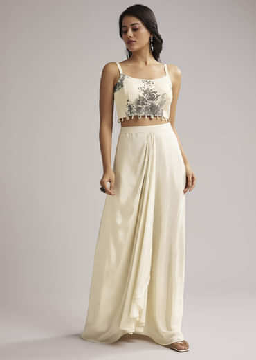 Cream Floral Cape Set With Crop Top And Skirt