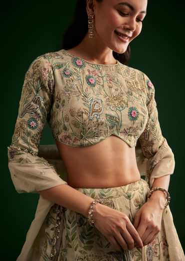 Cream Floral Lehenga Choli With Organza Dupatta