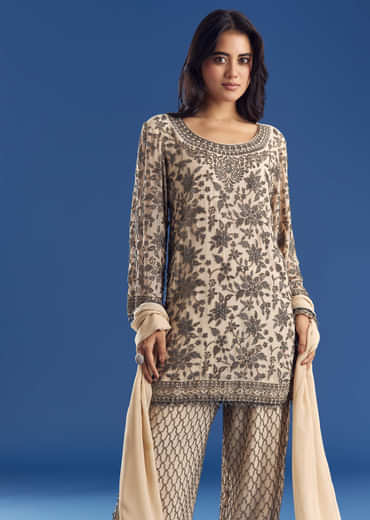 Cream Georgette Fully Beaded Kurta Pant Set With Dupatta