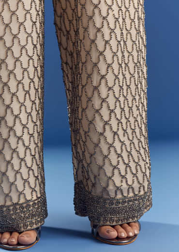 Cream Georgette Fully Beaded Kurta Pant Set With Dupatta