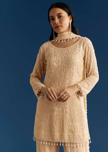 Cream Georgette Kurta Pant Set With Beaded Dupatta