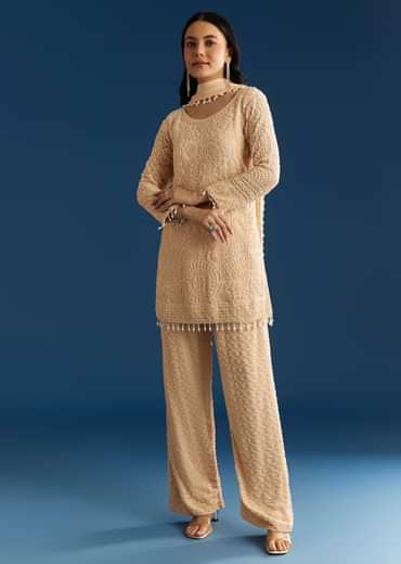 Cream Georgette Kurta Pant Set With Beaded Dupatta