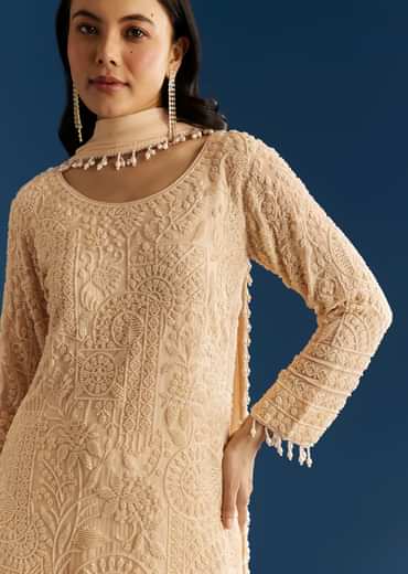 Cream Georgette Kurta Pant Set With Beaded Dupatta