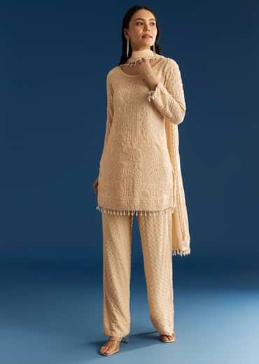 Cream Georgette Kurta Pant Set With Beaded Dupatta