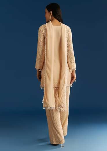 Cream Georgette Kurta Pant Set With Beaded Dupatta
