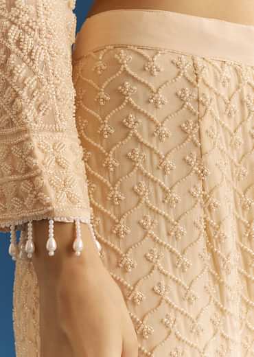 Cream Georgette Kurta Pant Set With Beaded Dupatta