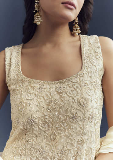 Cream Georgette Sharara Suit With Moti And Thread Work