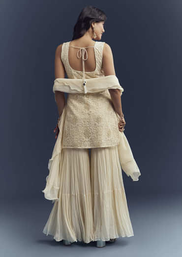 Cream Georgette Sharara Suit With Moti And Thread Work