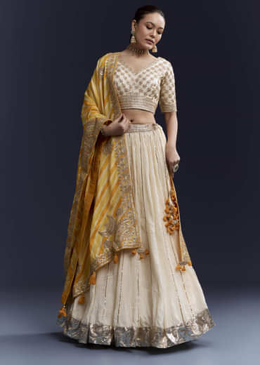 Cream Gota Lace Work Silk Bridesmaid Lehenga Set