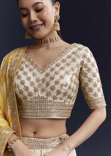 Cream Gota Lace Work Silk Bridesmaid Lehenga Set