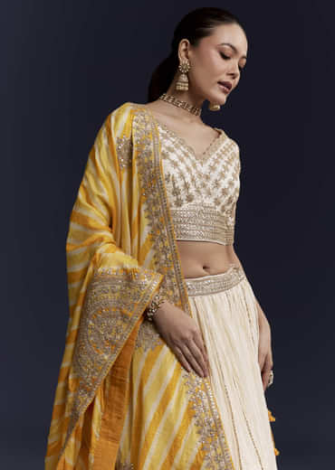 Cream Gota Lace Work Silk Bridesmaid Lehenga Set