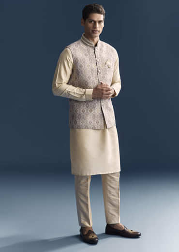 Cream Jacquard Kurta Jacket Set For Men With Printed Jacket