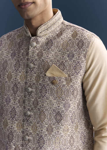 Cream Jacquard Kurta Jacket Set For Men With Printed Jacket