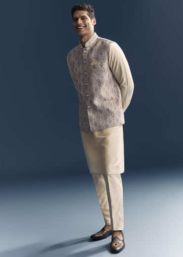 Cream Jacquard Kurta Jacket Set For Men With Printed Jacket