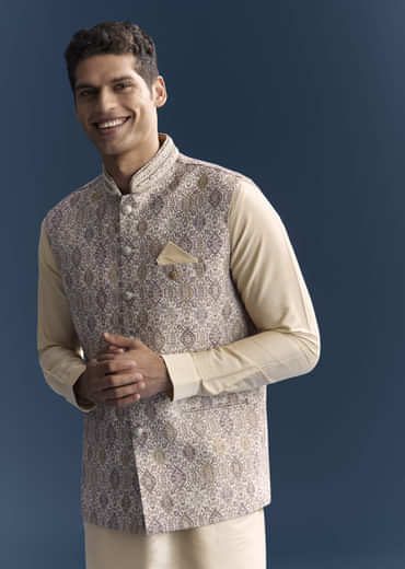 Cream Jacquard Kurta Jacket Set For Men With Printed Jacket