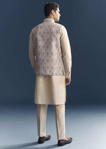 Cream Jacquard Kurta Jacket Set For Men With Printed Jacket