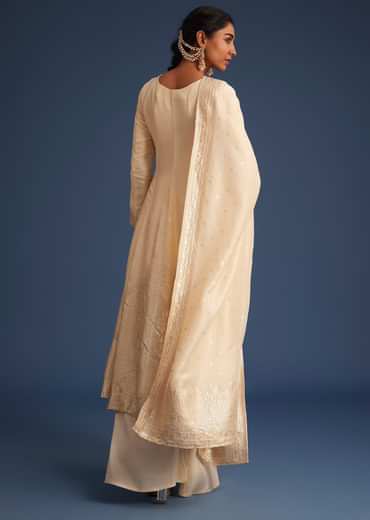 Cream Jacquard Kurta Set With Banarasi Silk Dupatta