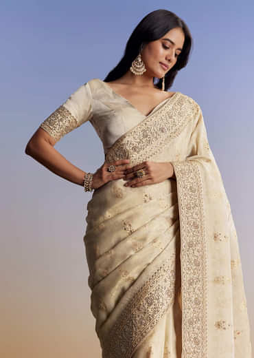 Cream Jacquard Silk Saree With Zari Brocade And Zardosi Embellished Pallu