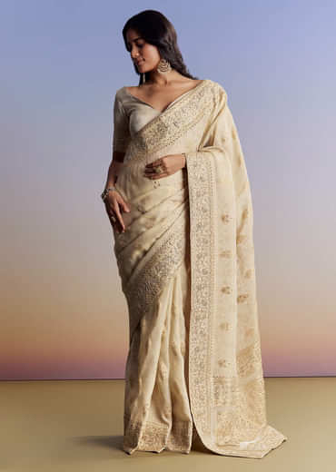 Cream Jacquard Silk Saree With Zari Brocade And Zardosi Embellished Pallu