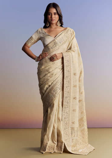 Cream Jacquard Silk Saree With Zari Brocade And Zardosi Embellished Pallu